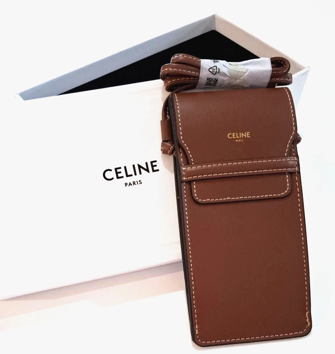 Céline Celine Crossbody Leather Clutch Bag Brown/ Phone, Sunglasses Case New