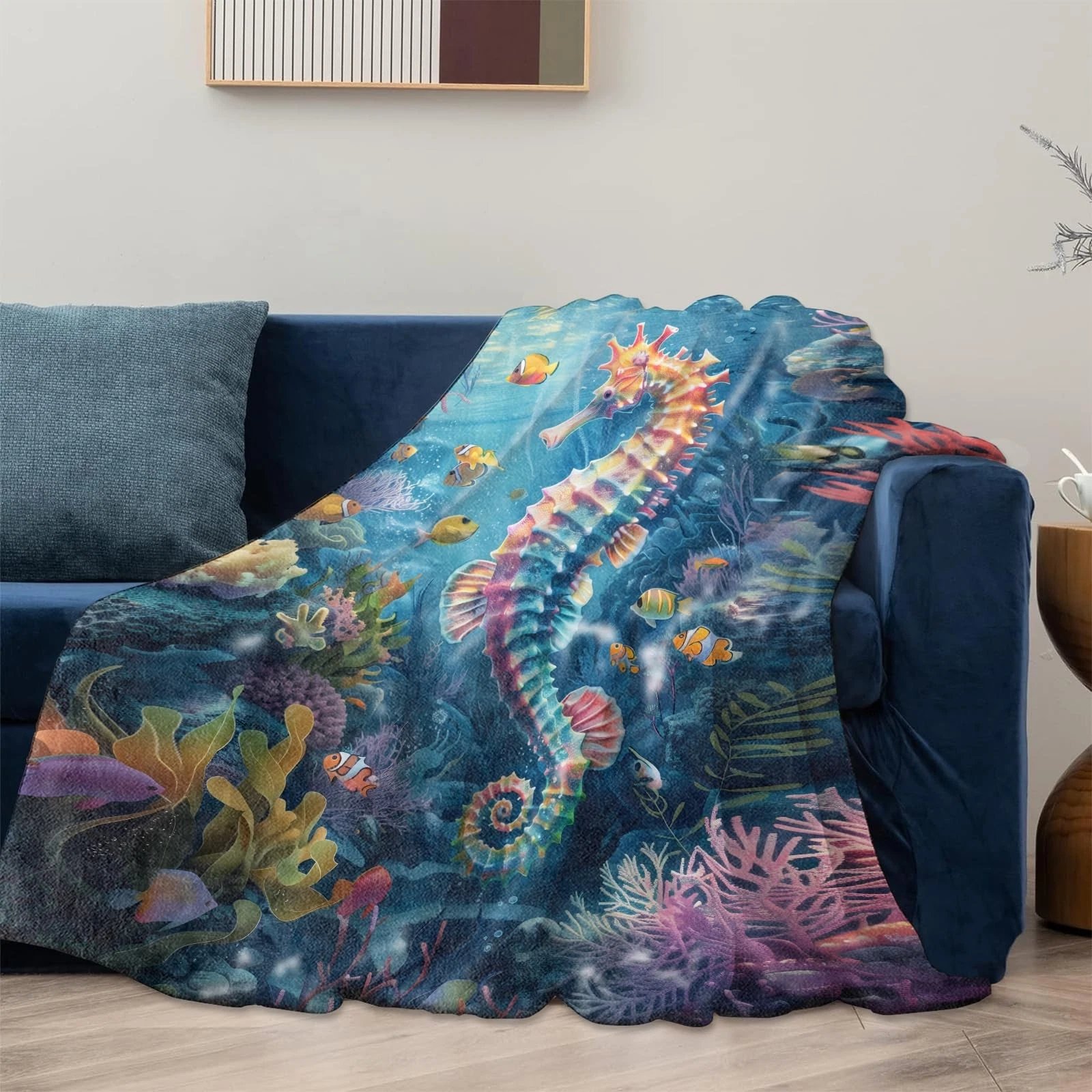 Seahorse Fleece Blanket for Women, Soft and Warm Light Blue Throw