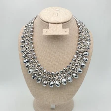 Vintage CHARMING CHARLIE Bib Collar Necklace Facet Glass Beads Gunmetal Gray 18"