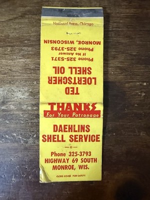 G10 Ted Loertscher Shell Oil Monroe Wisconsin Vintage Matchbook Cover