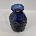 Blenko Strata Art Glass Vase Amethyst Applied Threading with Label 7”x4.5”