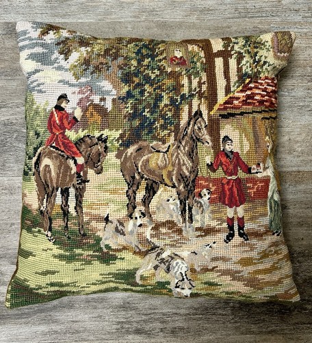 Vintage Wolle Petit Point Dekokissen Nadelspitze Samtrücken Reitsport