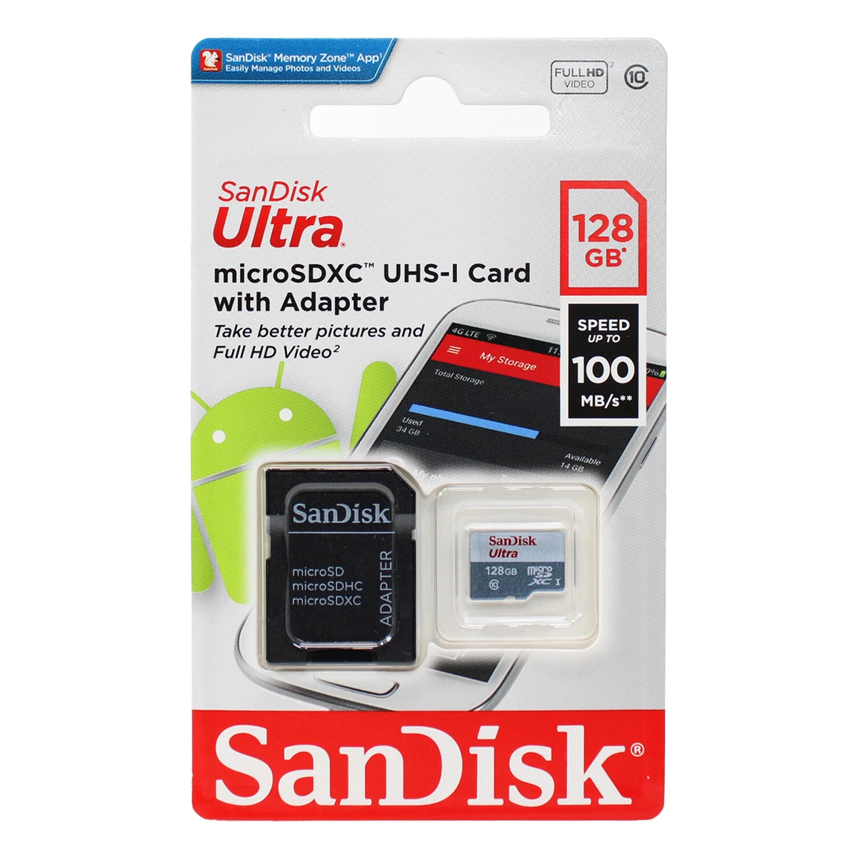 SanDisk Ultra MicroSD 128GB UHS I Class 10 Card W Adapter 100Mb s