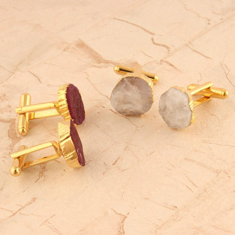 Genuine Moonstone Ruby Jade Quartz Gold Plated Men's Wear Cufflinks 2 Pairs Lot - Image 2 of 3