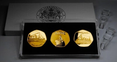 Cased Trio of RMS TITANIC 24ct Gold Commemoratives. Ocean Liner, White Star 1912