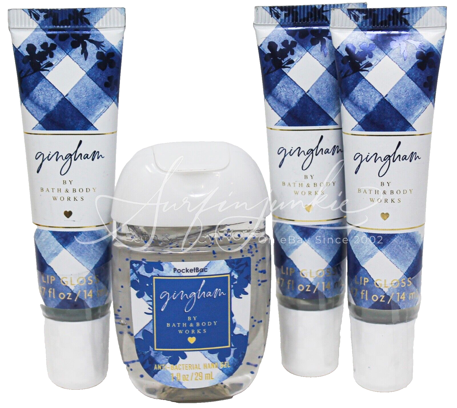 Bath & Body Gingham Lip Gloss + Pocketbac Hand Sanitizer Gel 4pc Mini Travel Set