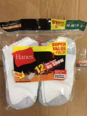 12 Pair Hanes Youth / Boys' Classic No Show Socks Medium Shoe Size 9-2.5, White 