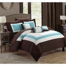 Brown Blue White Hotel Color Block 10 pc Comforter Sheet Set Queen King Bed Bag