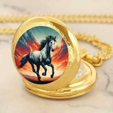 Retro Golden Running Horse Quartz Pocket Watch Necklace Men Women Gift