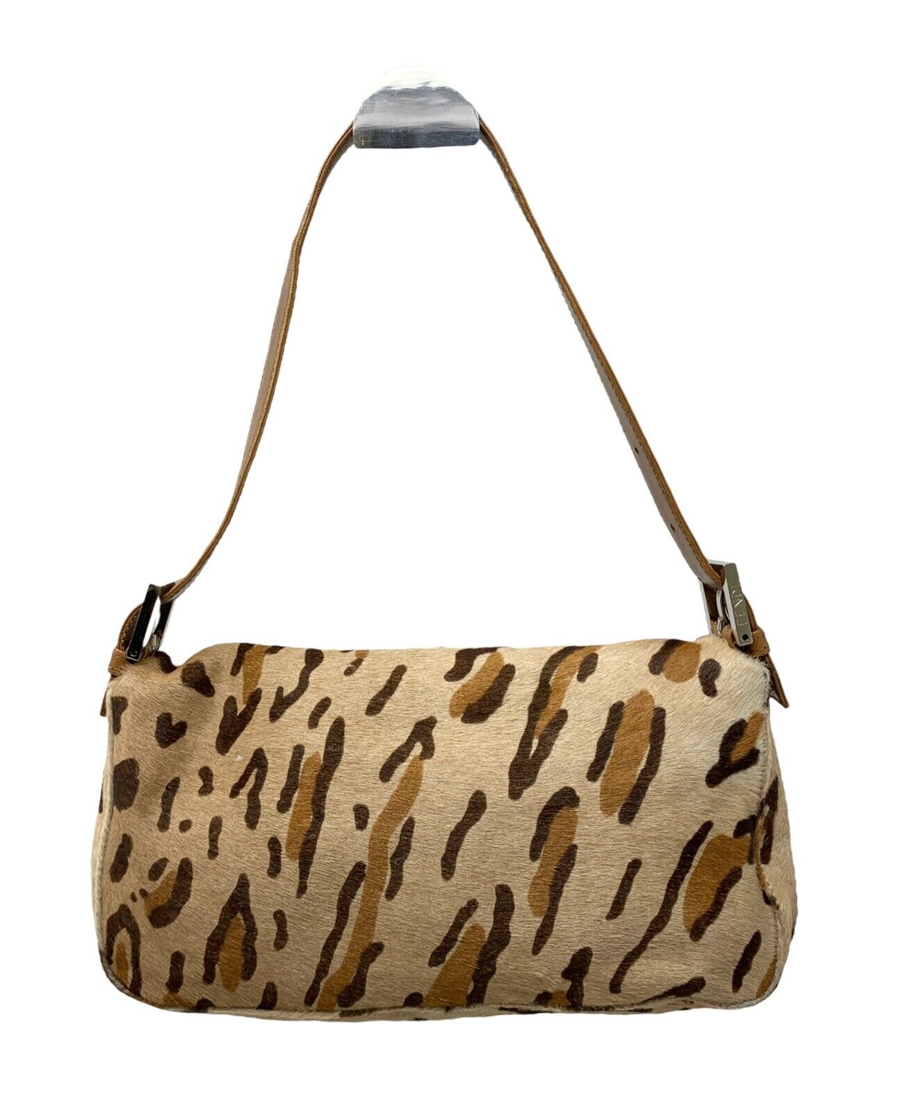 FENDI Vintage FF Logo Leopard Mamma Baguette Shoulder Bag Calf Hair Rank AB