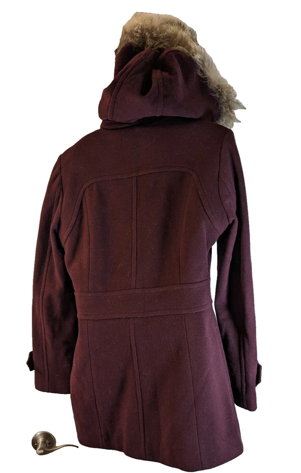 Andrew Marc 连帽羊毛大衣,土狼皮草,栗色,8 码 — 第 3/4 张图片