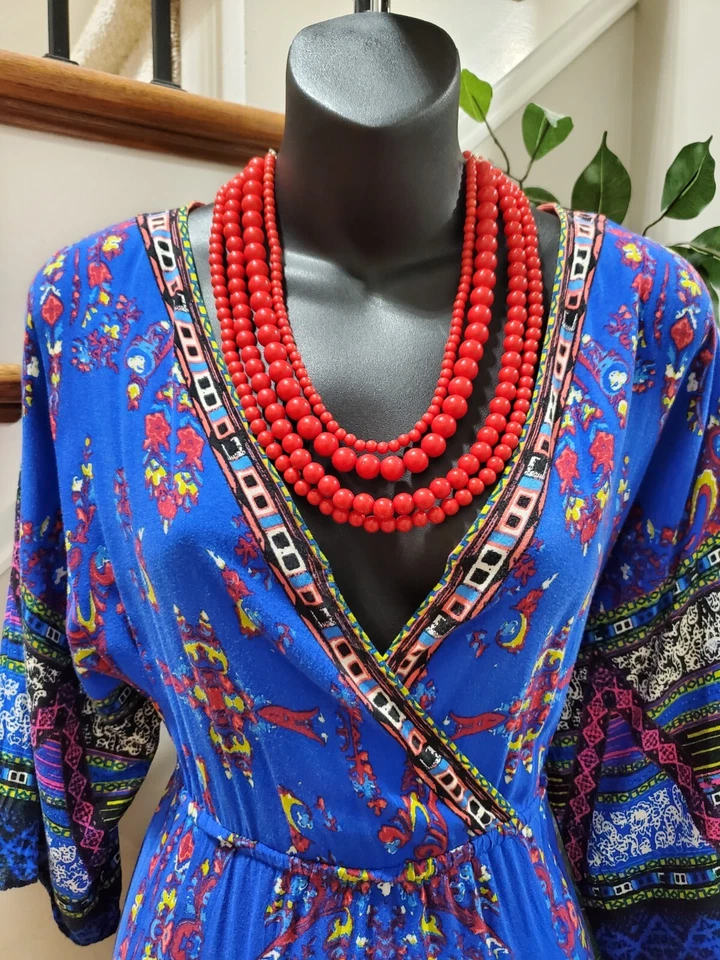 Maxi Vestido Largo Flying Tomato Para Mujer Azul Rayón Cuello en V Manga 3/4 Talla Pequeña Foto 2 de 4