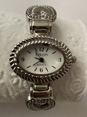 Vintage Eikon Oval Face Silver Heart Bangle Cuff Watch for Women Works Perfect!!