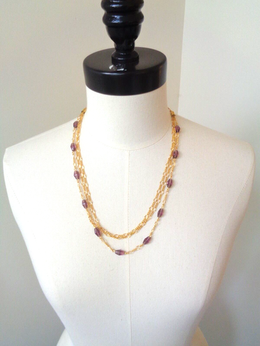SIGNED B C LIND 14KGE GOLD TONE CHAIN W/PURPLE GLASS BEADS ADJUSTABLE 18-24 INCH - Picture 4 of 5