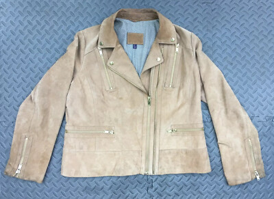 VIOLETA BY MANGO 100% GENUINE LEATHER BIKER JACKET BEIGE SIZE 16 LINED BOMBER 
