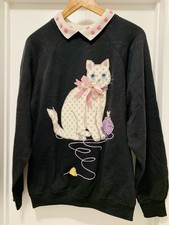 Vintage 90  s Puff Print Kitty Cat Collard Sweatshirt Cats Y2K OSFA
