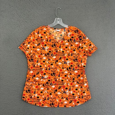 Scrubstar Top Womens Large Orange All Over Print Halloween Cute Uniform Nurse