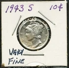 1943-S San Francisco Mint 90% Silver Mercury Dime, 0.0723 OZ Silver