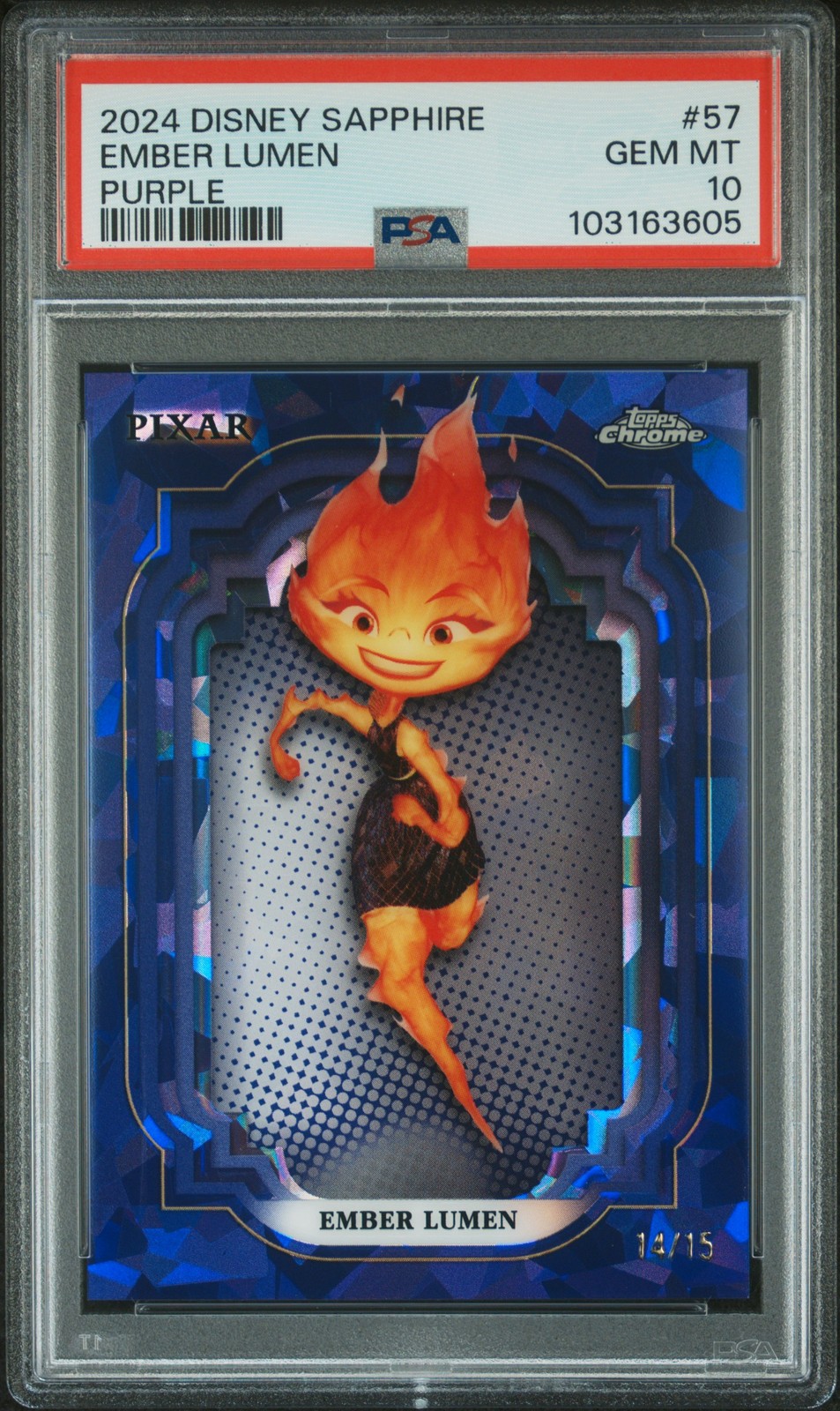 2024 TOPPS CHROME DISNEY SAPPHIRE ED PURPLE #57 EMBER LUMEN 14/15 PSA 10