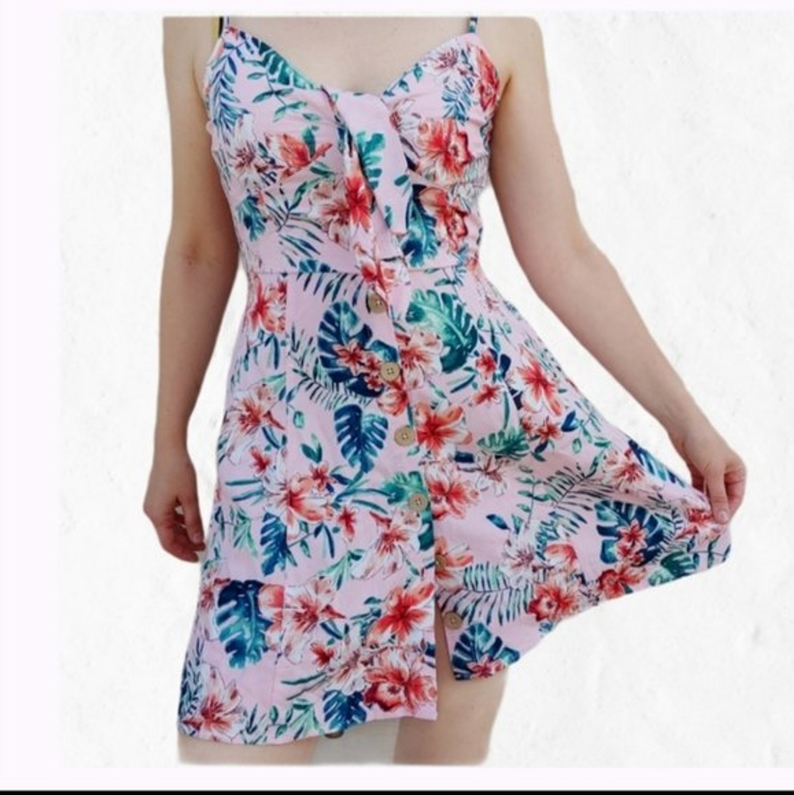 Band of Gypsies floral summer mini dress fit and flare pink green size M