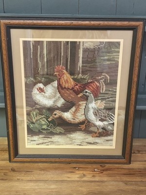 Vintage gerahmtes Huhn Ente Kreuzstich Landhaus Bauernhaus Küche Wandbild 48 cm