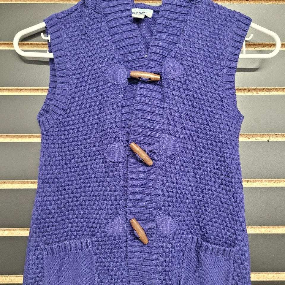 Antiguo Suéter Azul Marino Chaleco Tejido con Cable Bolsillos con Capucha Botones de Madera Niña Grande 10-12 Foto 2 de 4