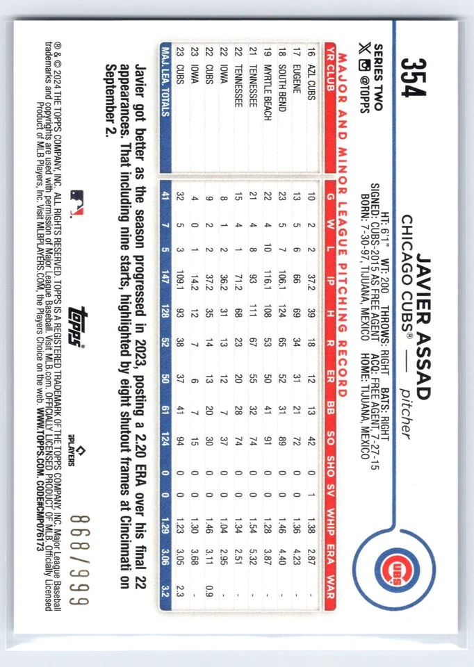 2024 Topps #354 Javier Assad Blue Holofoil #/999 - Image 2 of 3