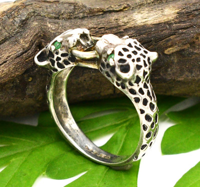 Sterling Silber 925 Designer JED Gepard Dschungel Katze Smaragd Ring Größe 7,75