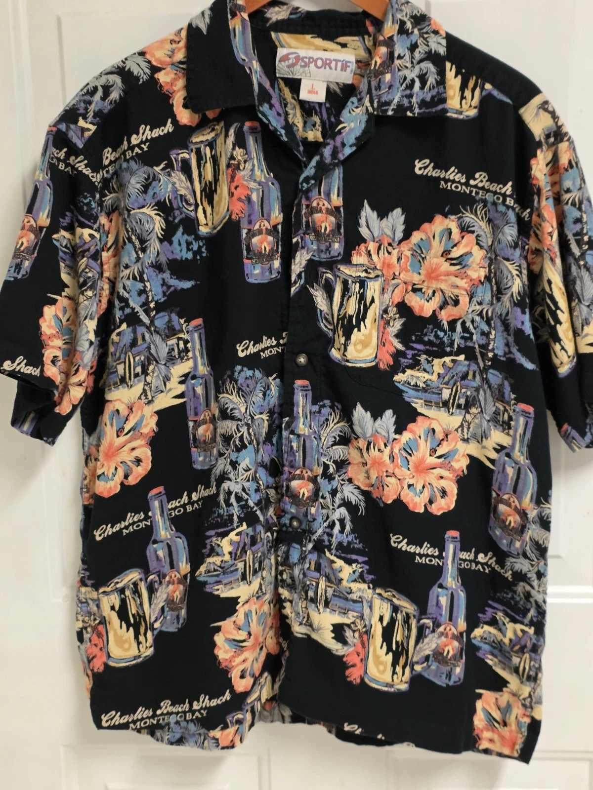 Vtg Sportis L Hawaiian Shirt Charlie's Beach Shack Montego Bay Tropical Cotton