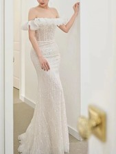 Bling White Mermaid Evening Dresses Sequins Off Shoulder Birthday Party Gowns
