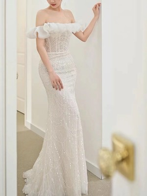 Bling White Mermaid Evening Dresses Sequins Off Shoulder Birthday Party Gowns