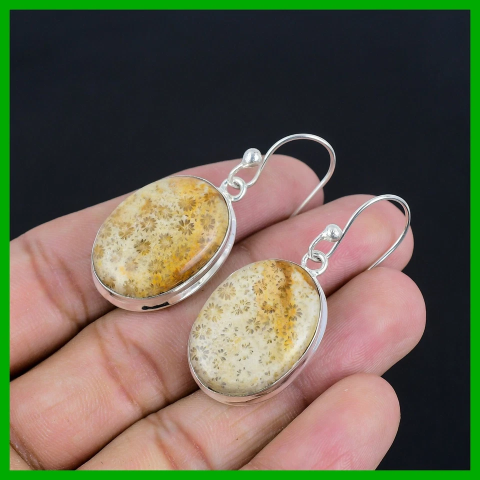 Pendientes colgantes con bisel de coral fósil natural de plata de ley 925 oferta del día de la madre Foto 3 de 4