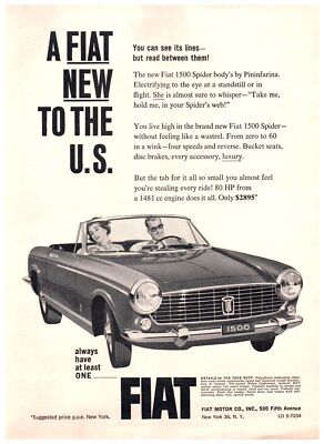 1964 Fiat 1500 Spider Convertible by Pininfarina Vintage Print Ad