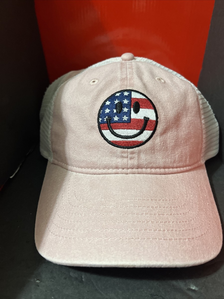 Womens USA Smiley Face Flag Patriotic Snapback Hat Cap Pink  display picture 3