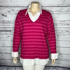 Gitano NWT Size 22/24W Pink Stripe - White Layered Knit Polo Shirt Top