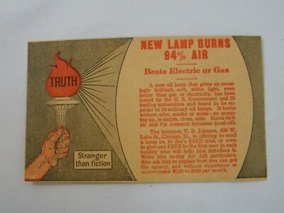 VINTAGE ADVERTISING POST CARD V.S. JOHNSON OIL LAMP UNUSED