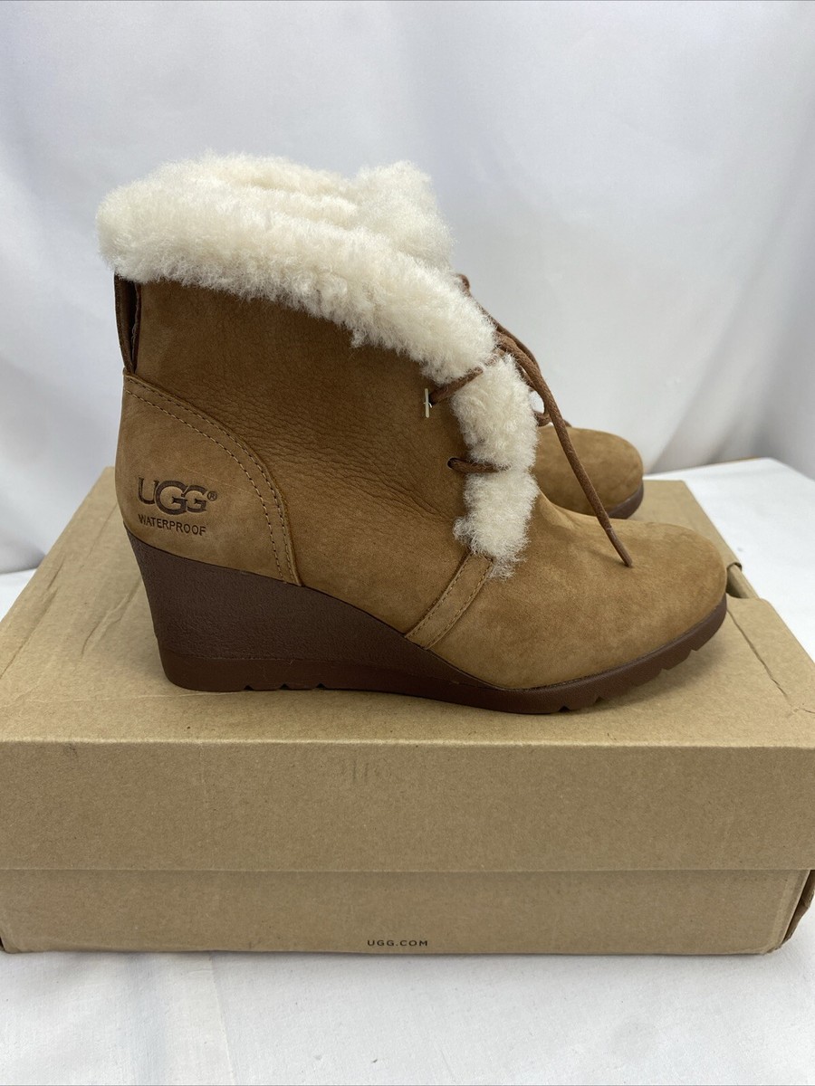 UGG JEOVANA CHESTNUT SUEDE WATERPROOF ANKLE WEDGE BOOTS WOMENS UK