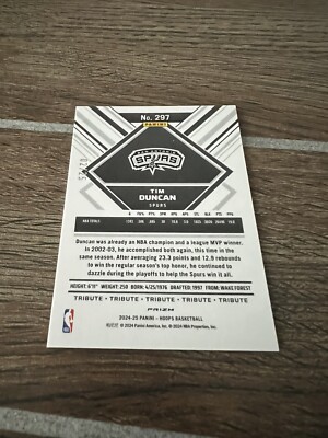 2024-25 Panini NBA Hoops Tim Duncan Tribute Green Lazer Prizm SP