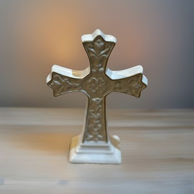 Vintage Belleek Celtic Cross featuring intricate floral details and gold trim 8