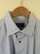 David Donahue Men's Trim Fit Long Sleeve 17.5 34/35 Lite Blue Check Pattern