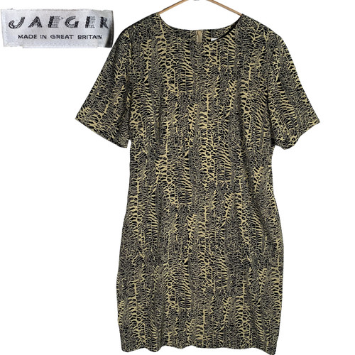 Jaeger, Jaeger Kleid Gr. UK 16 Schwarz Taupe Abstrakt Animal Etuikleid Vintage Made in UK