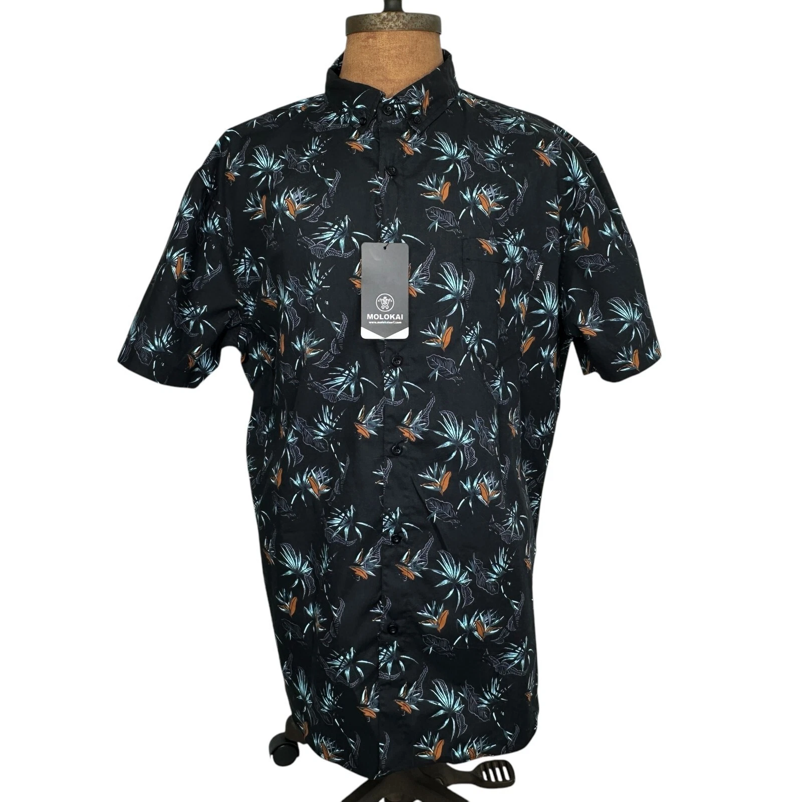 Molokai Surf Co. Men's Hawaiian Black Floral Shirt Button Up Short Sleeve Sz XXL