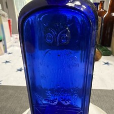 COBALT BLUE  OWL DRUG CO SQUARE MEDICINE BOTTLE, 6 1/4", BEAUTIFUL EXAMPLE