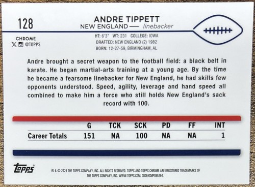 2024 Topps cromo Andre Tippett refractor geométrico amarillo #07/75 Patriots #128 - Imagen 2 de 2