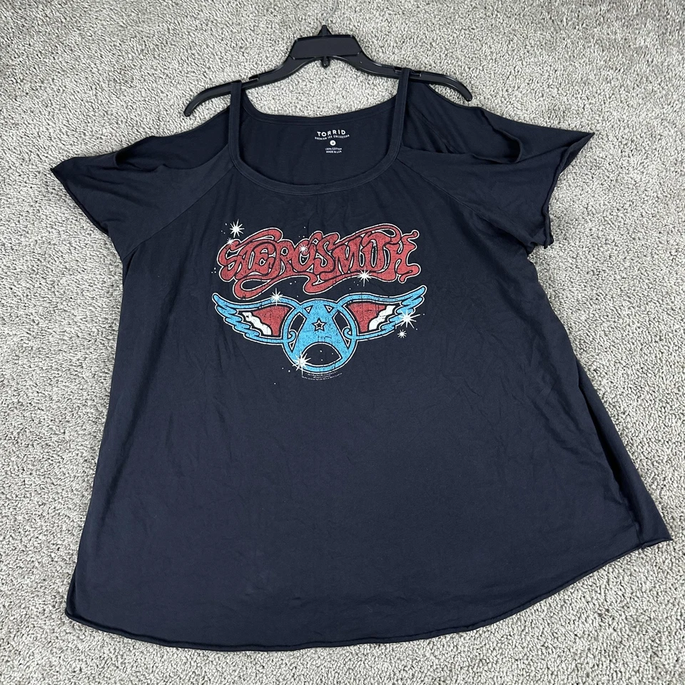 Aerosmith Shirt Womens 4 Plus Torrid Black Cold Shoulder Graphic Band Made USA - Image 2 of 4