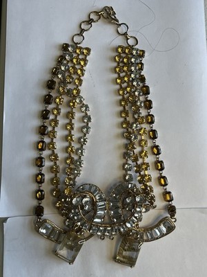 Spectacular Statement  Gold Tone Bib Necklace 4 Strand Amber Smokey Clear!!!