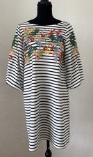 Embroidered Floral Stripe Tunic Dress Womens M Boho Shift Artisan Mod Cottagore