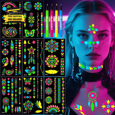 Temporary Tattoo Markers for Skin, 4PCS UV Neon Body Markers  8 Sheets Temporar