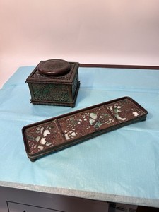 Antique Tiffany Studios Grapevine Desk Set 844 Inkwell 1004 Pen Tray