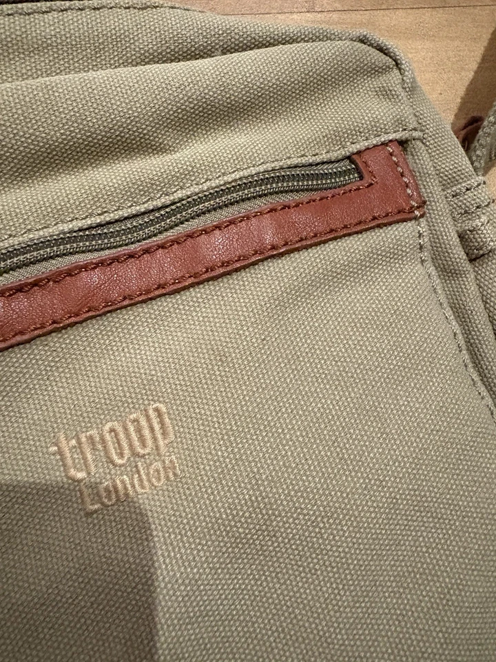 Troop London Canvas Crossbody Bag Light Khaki Leather Detail Unisex - Image 4 of 4